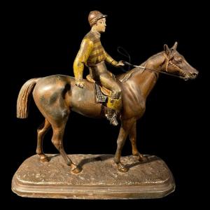 Sculpture Equestre / Statue Hippique Cheval Jockey, Régule Polychrome, Ca 1890